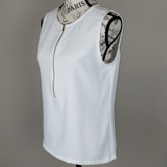 {Calvin Klein} White Tank Top Blouse w Gold Zipper - Picture 3 of 6
